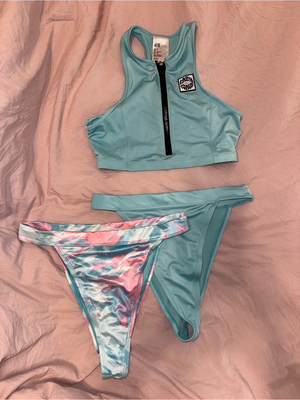 H&M Aqua Zip-Front Sport Bikini Top with Aqua & Pastel Tie-Dye Bottoms